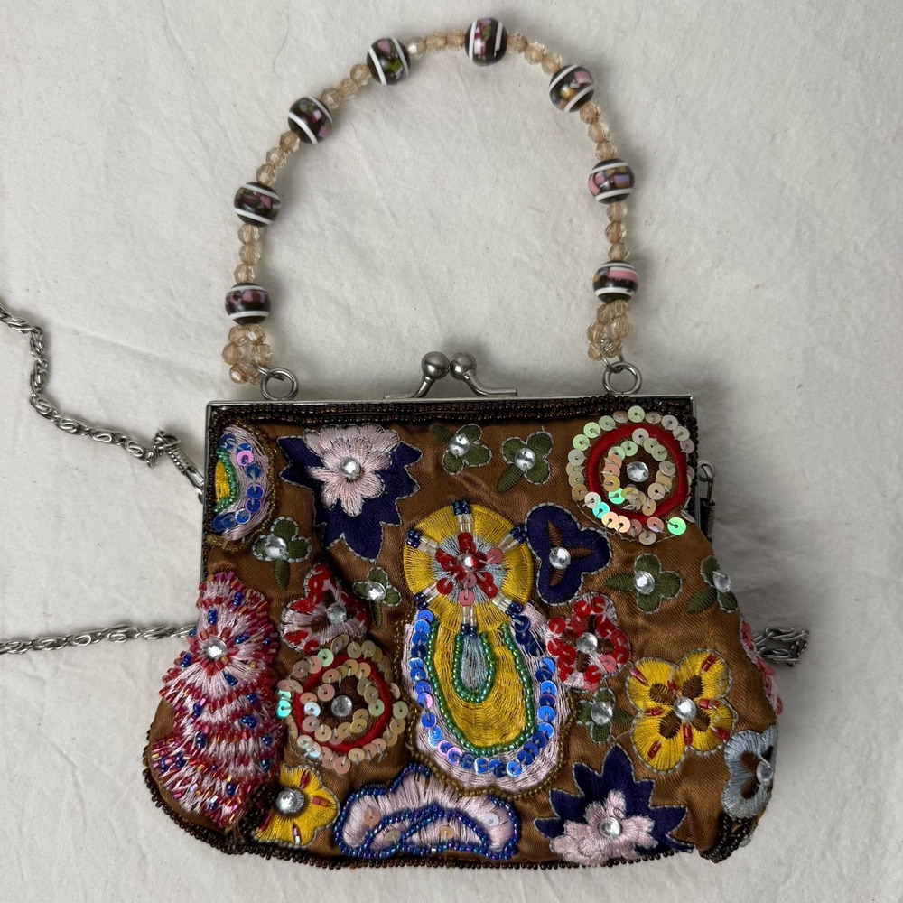 Vtg Y2K Beaded Sequin Purse Evening Bag Top Handle Cross Body Guess‎ Collection